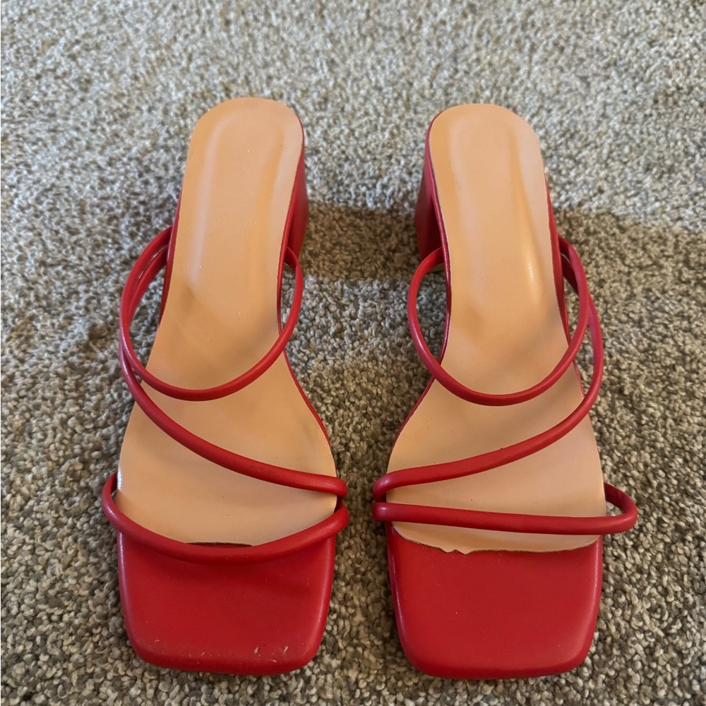 Women’s Red Strappy Square-Toe Heels